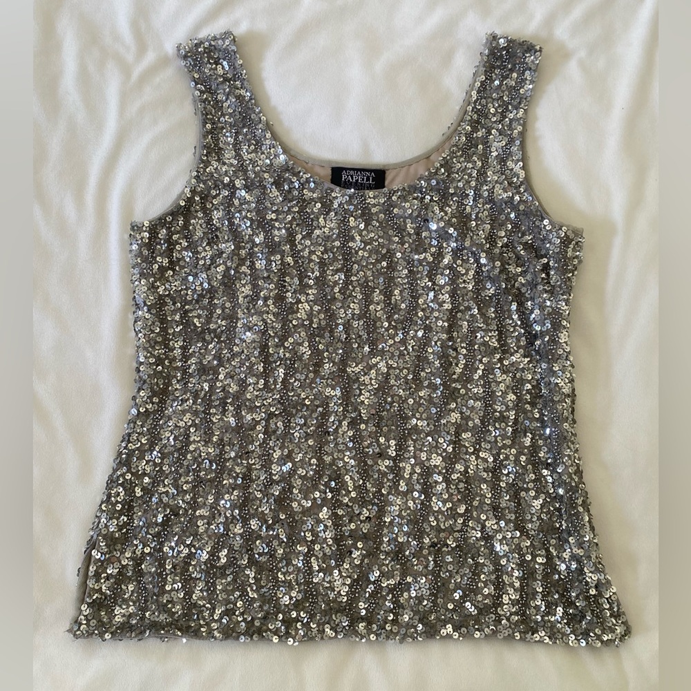 NWT Adrianna Papelle evening essentials beaded sequin silver sparkly tank top